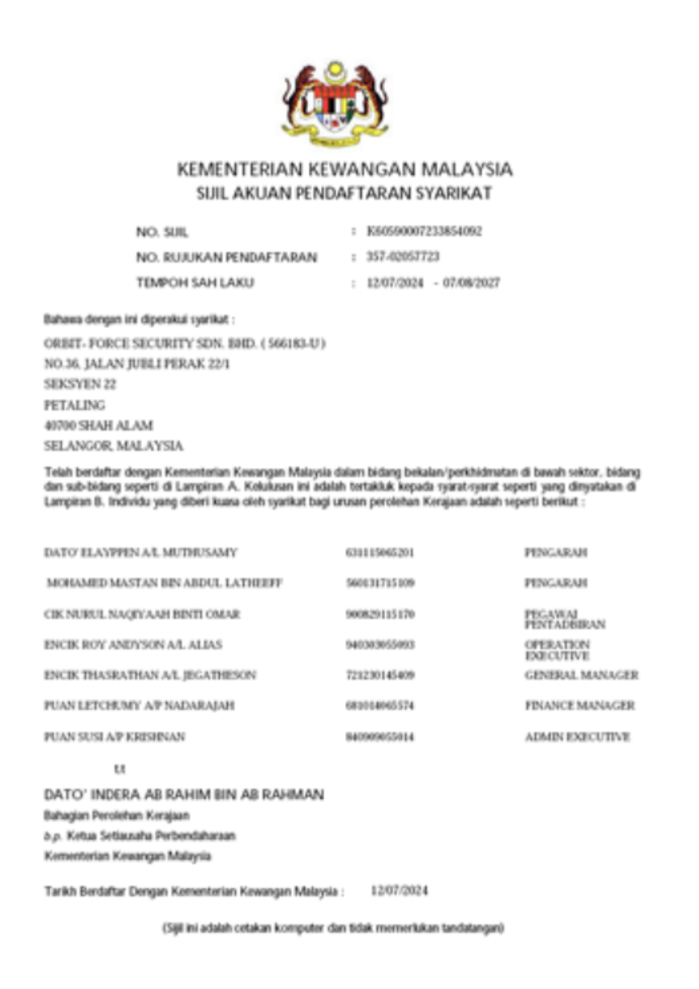 Certificate Kementrian Kewangan Malaysia