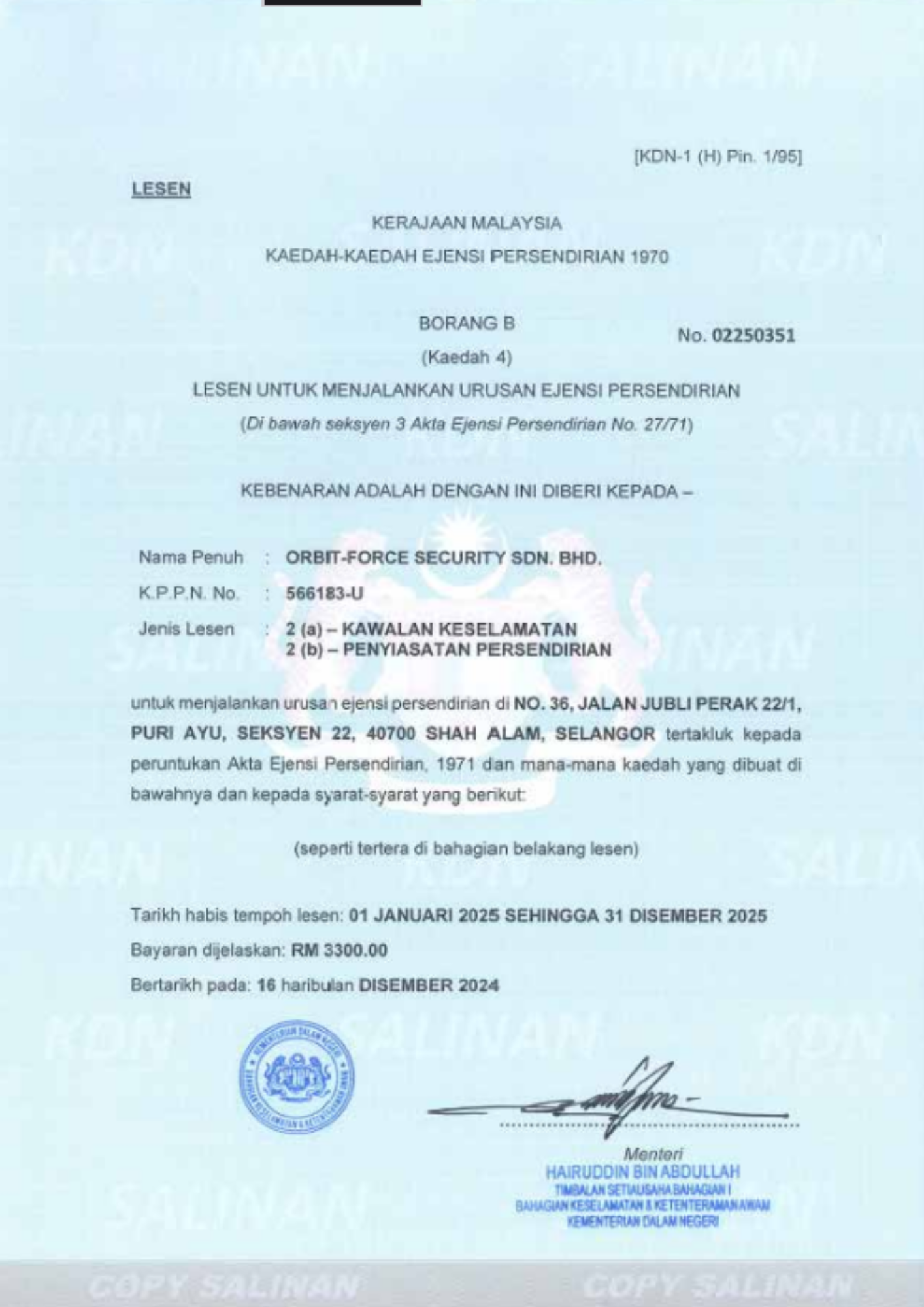 Certificate Kerajaan Malaysia Lesen Untuk Menjalankan Urusan Ejensi Persendirian
