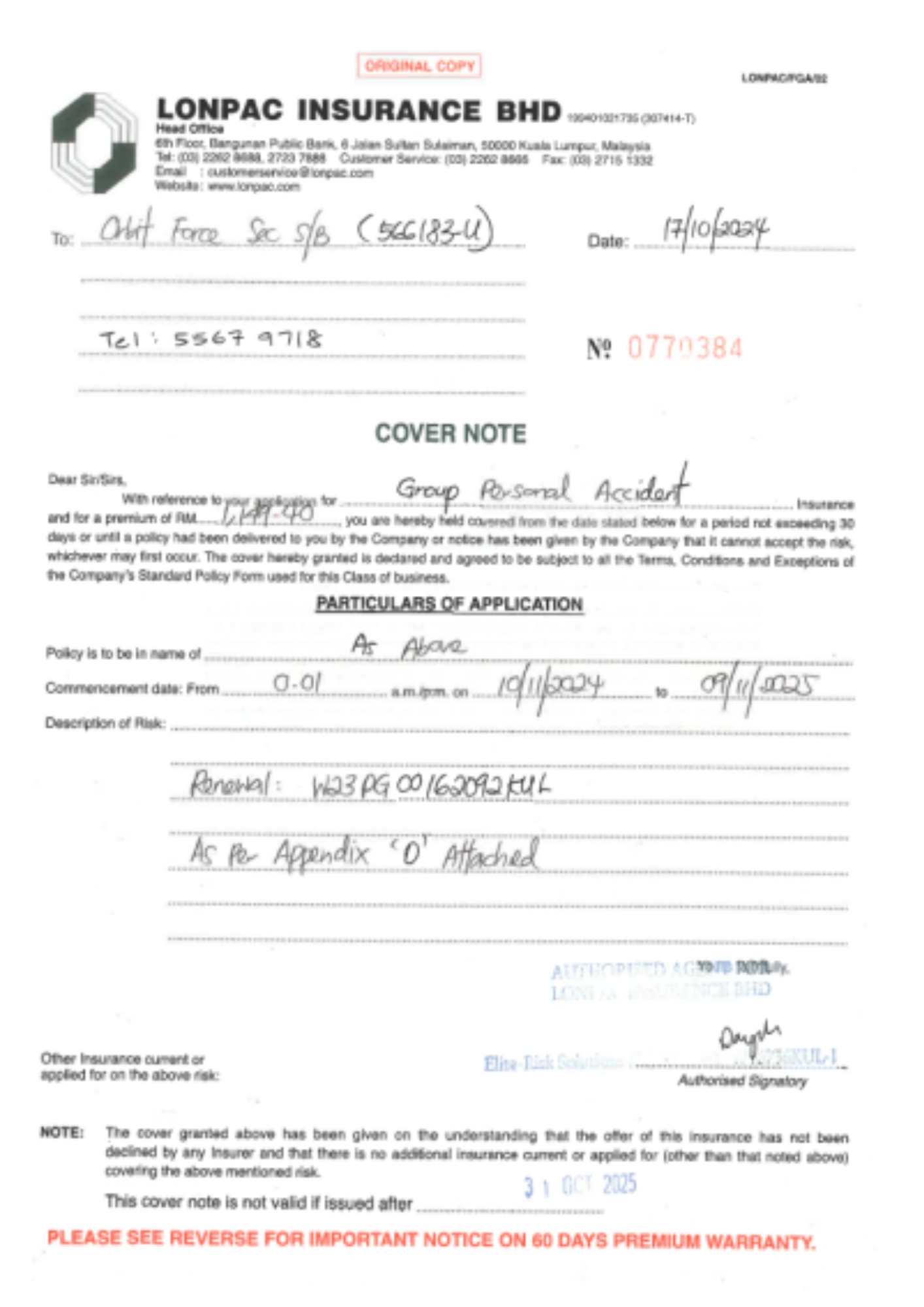Lonpac Insurance Certificate Group Personal Accident